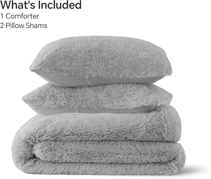 BEDELITE Grey Fluffy Comforter Set King Size, Fuzzy Faux Fur Comforter Bedding Set, 3Pieces Soft Warm Shaggy Bed Set (1 Comforter & 2 Pillowcases) as Gifts for Women
