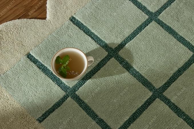 Mint Green Scalloped Edge Wool Area Rug with Checker Grid Design, Hand-Tufted Soft Carpet for Living Room, Bedroom, Nursery, Kids & Playroom Décor - 6x6 Ft (Square)