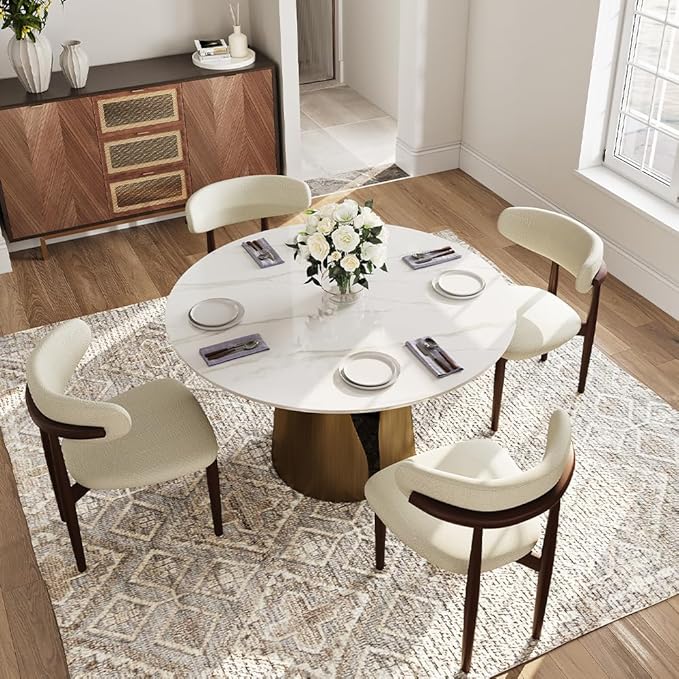 POVISON 47" Round Dining Table for 4-6, Modern Circle Dining Table, Glossy White Sintered Stone Dining Tabletop with Bronze Carbon Steel Pedestal (Dining Room Table Only)