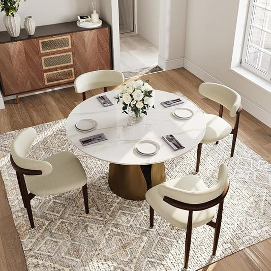 POVISON 47" Round Dining Table for 4-6, Modern Circle Dining Table, Glossy White Sintered Stone Dining Tabletop with Bronze Carbon Steel Pedestal (Dining Room Table Only)