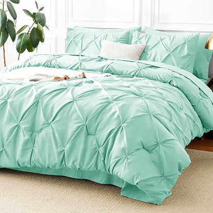 CozyLux King Size Comforter Set Mint Green, 7 Pieces Pintuck Bed in A Bag Green Comforter King Size, Pinch Pleat Bedding Set with All Season Comforter, Flat Sheet, Fitted Sheet, Pillowcases & Shams