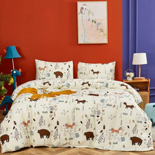 CLOTHKNOW Kids Full Size Comforter Sets Yellow Bear Cartoon Bedding Comforter Sets Fox Theme Woodland Forest Bedding with 2 x Pillow Cases