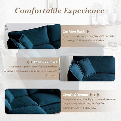 SoarFlash Chenille Sectional Sofa, Comfy L Shaped Modular Coush Sofa with Ottoman, Modern 2 Seat Couch Deep Seat Sofa Set for Living Room,Deep Blue