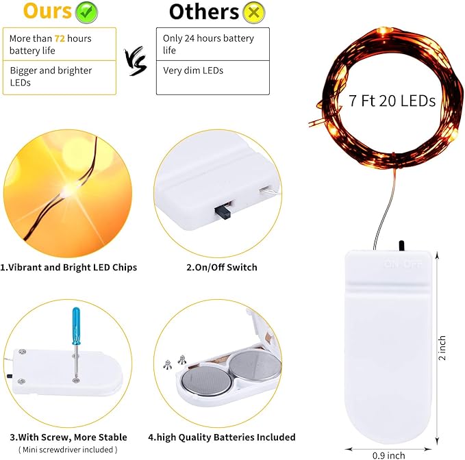 Brightown 24 Pack LED Fairy Lights Battery Operated String Lights Waterproof Silver Wire 7 Feet 20 LED Firefly Starry Moon Lights for DIY Wedding Party Bedroom Patio Christmas (Orange, 24 Pack)