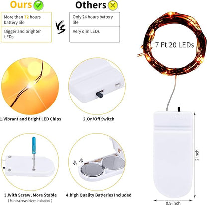 Brightown 24 Pack LED Fairy Lights Battery Operated String Lights Waterproof Silver Wire 7 Feet 20 LED Firefly Starry Moon Lights for DIY Wedding Party Bedroom Patio Christmas (Orange, 24 Pack)