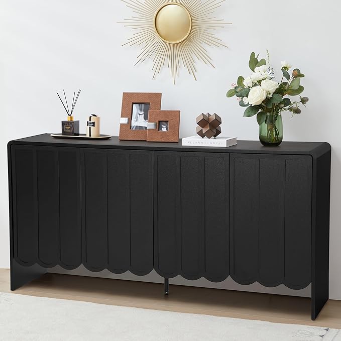 ORRD Sideboard Buffet Cabinet, Accent Storage Cabinets with 4 Doors, Farmhouse Wood Cabinet with Adjustable Shelves and Wave Panel for Living Room, Dining Room, Entry - Black
