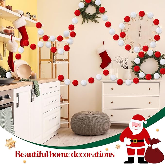 2 Pack Large Pom Poms Garland Hanging Decorations Colorful Soft Faux Rabbit Fur Ball Garland for Easter Xmas Holiday Wedding Baby Shower Birthday Party Supplies(Red White,3.15 Inch)