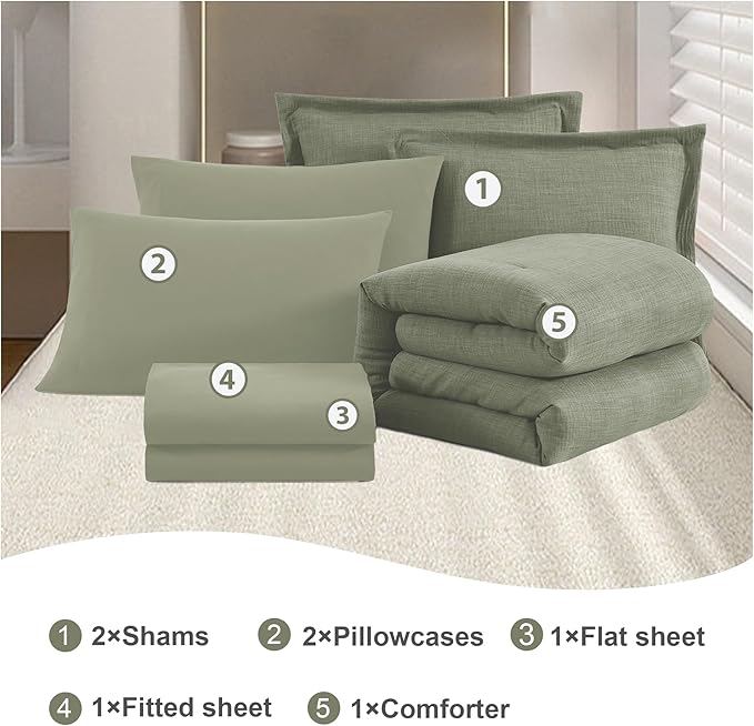 Geniospin Queen Comforter Set - 7 Pieces Comforter Queen Size, Solid Bedding Set for All Season, Textured Bed in a Bag with Sheets, Pillowcases and Shams (Sage Green, 90''x90'')