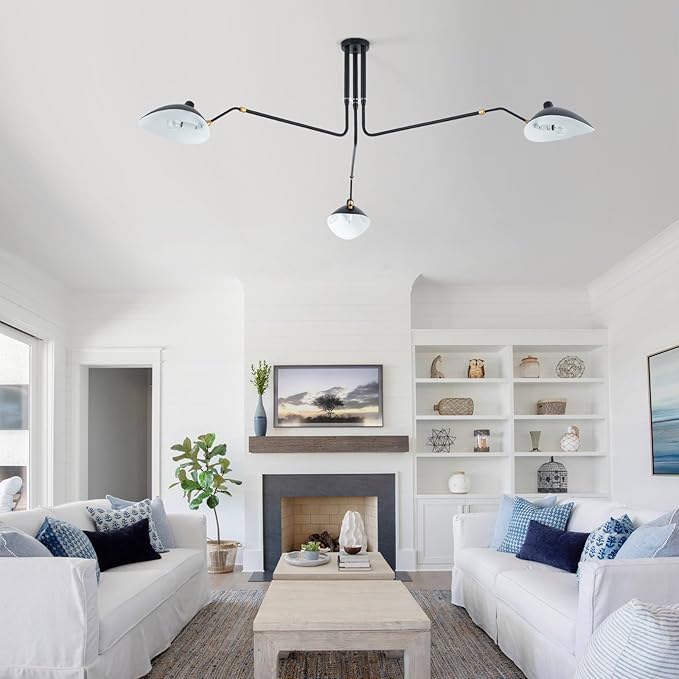 85" Mid-Century Chandelier, Matt Black Finish with Adjustable 3-Arms Large Pendant Lighting Fixture for Dining Room Living Room Kitchen Island Bedroom 3-Light