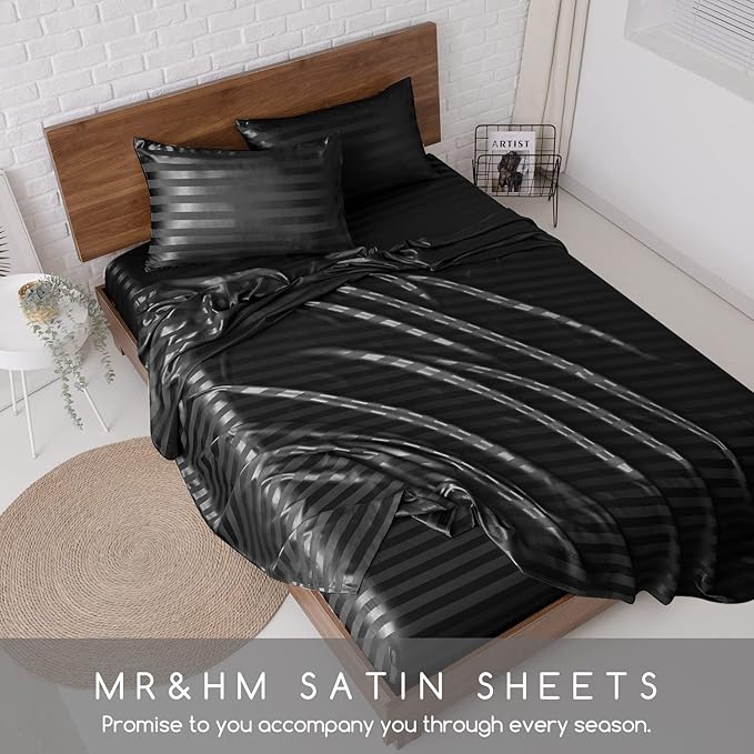 MR&HM Satin Bed Sheets, Twin Size Sheets Set, 3 Pcs Silky Bedding Set with 15 Inches Deep Pocket for Mattress (Twin, Black Striped)