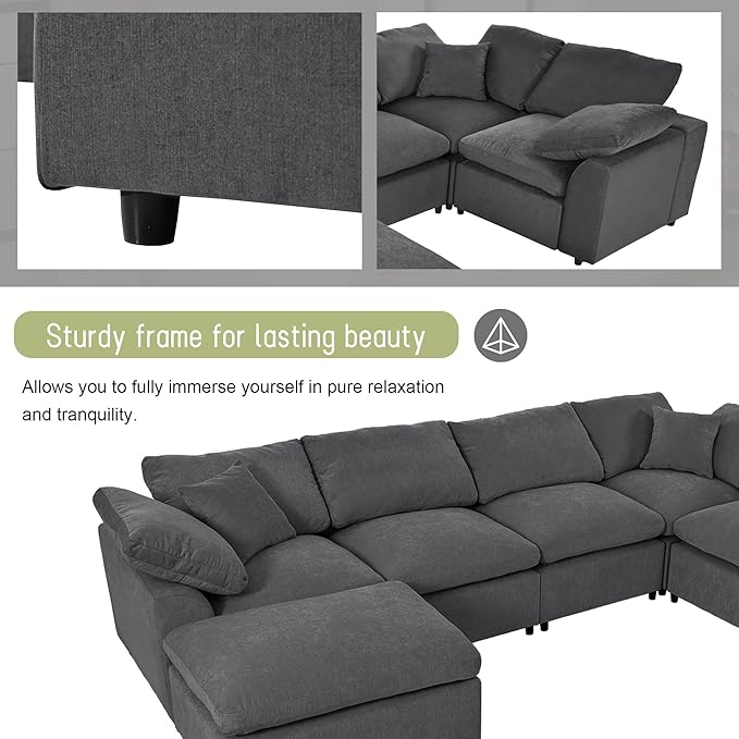 129" Large Modular Sectional Sofa L Shaped Modern Couch, Grey