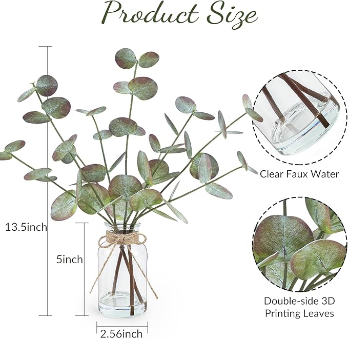 Fall Fake Eucalyptus Stems in Glass Vase with Faux Water 14" Fake Fall Plants with Artificial Eucalyptus Leaves Fall Decorations for Home Bathroom Centerpiece Office Farmhouse Decor