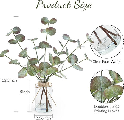 Fall Fake Eucalyptus Stems in Glass Vase with Faux Water 14" Fake Fall Plants with Artificial Eucalyptus Leaves Fall Decorations for Home Bathroom Centerpiece Office Farmhouse Decor