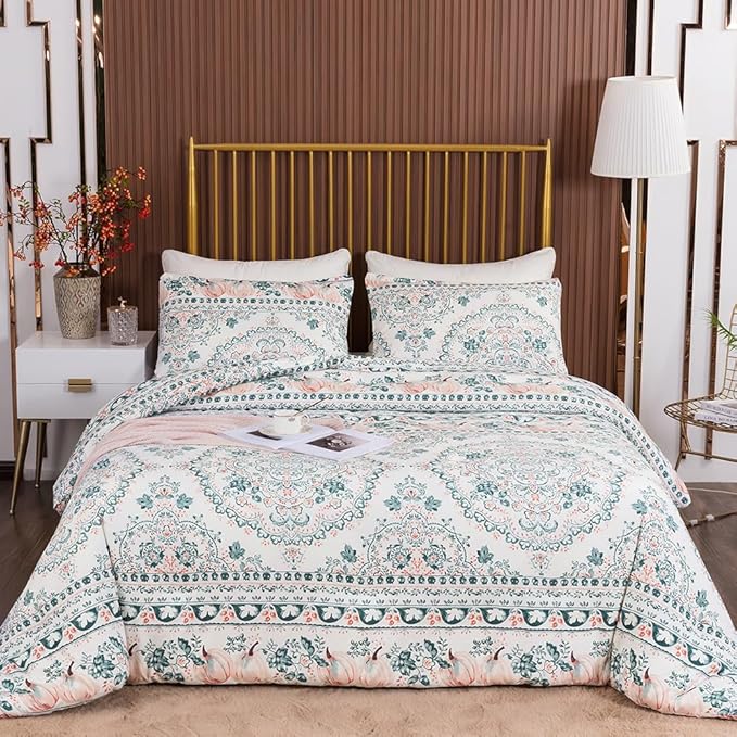 CLOTHKNOW Green White Floral Queen Comforter Set Botanical Bedding Comforter Sets Boho Comforter Pumpkin Comforter Queen