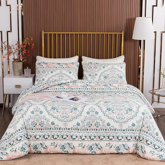 CLOTHKNOW Green White Floral Queen Comforter Set Botanical Bedding Comforter Sets Boho Comforter Pumpkin Comforter Queen