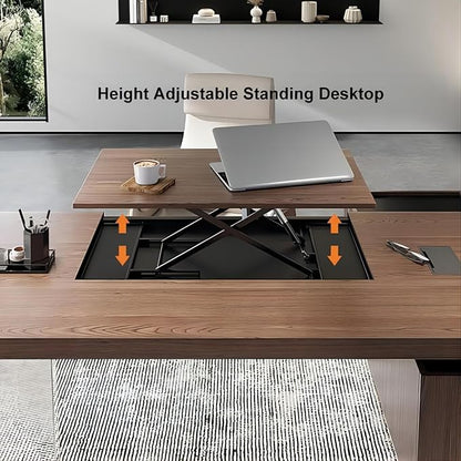 homary 71.5" Modern L-Shaped Desk, Home Executive  Office Desk with Lift-Top & Storage Cabinet Walnut Productivity & Ergonomic Comfort Standing Desk for Study, Home Office, Office