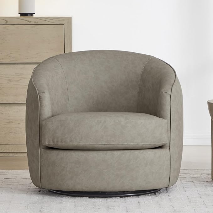 CHITA Swivel Barrel Chair, Modern Comfy FSC Certified Upholstered Faux Leather Accent Chair for Living Room, Fully Assembled, Stone Grey