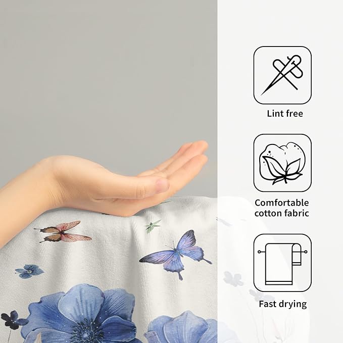 Spring Kitchen Towels Wild Flowers Set of 2 Butterfly Floral Absorbent for Home Gym Spa Blue