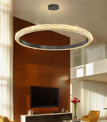 40" 1 Ring Crystal Chandelier Modern LED Dimmable Ring Pendant Light Chandelier for Dining Room Living Room Black