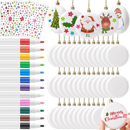 Syhood 36 Pcs 3.15'' DIY Christmas Blank White Ball Ornaments Set Plastic Matte Flat Discs Ornaments DIY Xmas Tree Decoration with Acrylic Paint Markers Gems Stickers for Crafts Party Decor