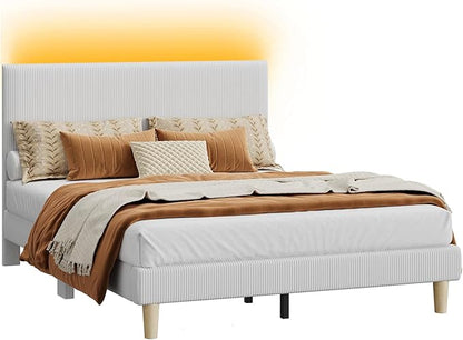 Bestier Queen Bed Frame with Adjustable Headboard, LED Lighting, Vertical Channel Tufted Corduroy Upholstered, Solid Wooden Slat Support, No Box Spring Needed, Never Squeak, Easy Assembly, Light Grey