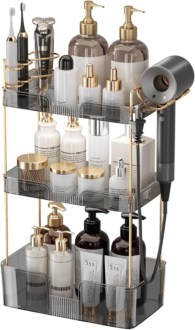 YCIA&DONE Bathroom Counter Organizer, Large Makeup Organizer Countertop, Shelf Storage, Vanity Easily Assemble for Bathroom Organizers and Storage, Undersink, Cabinet, 3 Tiers Grey