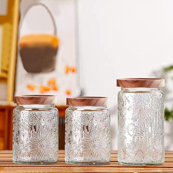 Vintage Glass Jars with Wooden Lids, 24 oz Airtight Glass Food Storage Containers Sets for the Kitchen, Sugar Coffee Tea Cookie Candy Spice Pasta（Sunflower）