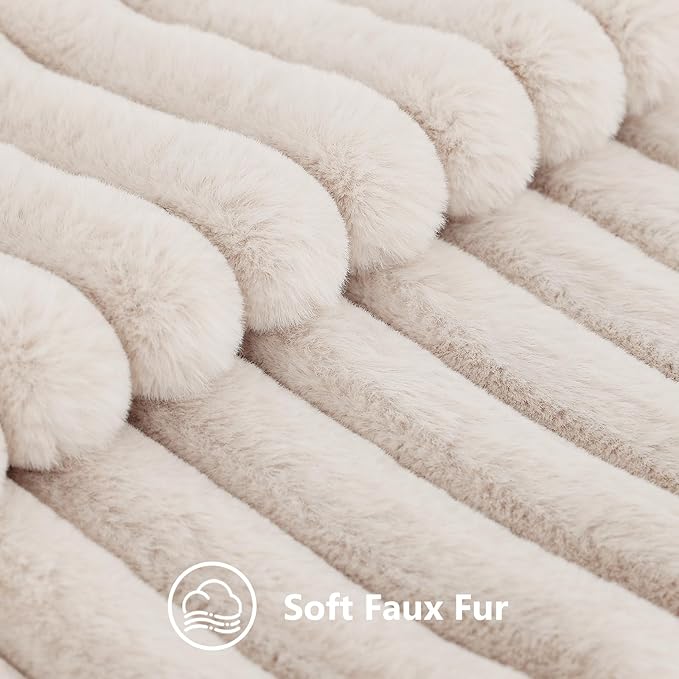 decorUhome Faux Fur Throw Pillow Covers 22x22 Set of 2, Decorative Soft Plush Striped Neutral Euro Pillow Covers with Velvet Back for Bed, Living Room Home Decor, Beige