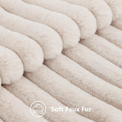 decorUhome Faux Fur Throw Pillow Covers 22x22 Set of 2, Decorative Soft Plush Striped Neutral Euro Pillow Covers with Velvet Back for Bed, Living Room Home Decor, Beige