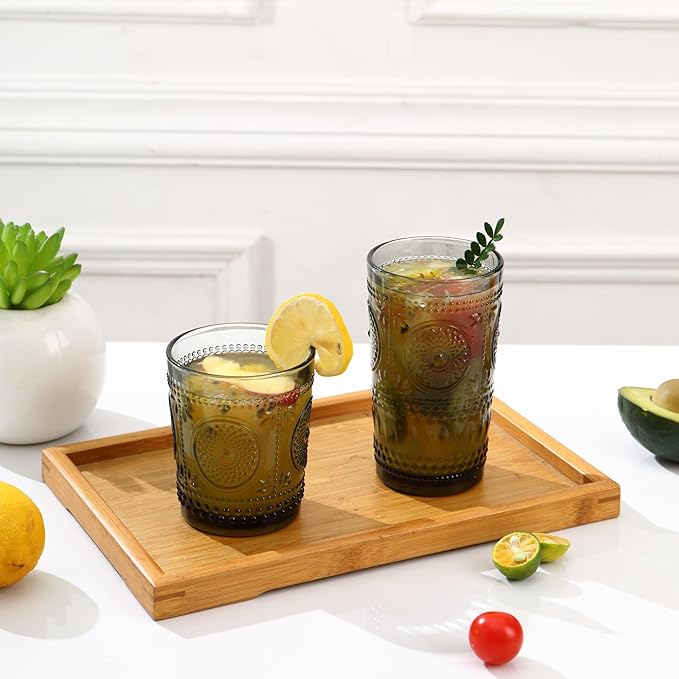 Grey Drinking Glasses Set of 12, 16 Oz Highball & 13 Oz Cocktail Glasses, Grey Kitchen Vintage Glassware Set, Floral Embossed Glass Tumbler Cups for Juice, Whiskey, Water, Beer, Coffee
