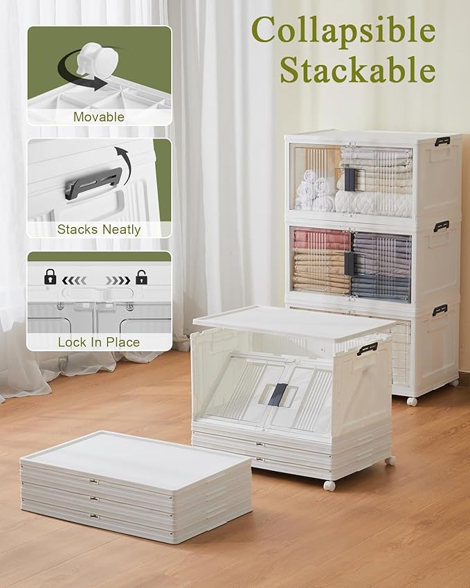 OlarHike Stackable Storage Bins with Lids Folding Storage Box with Doors and Wheels 3 Pack Cubes