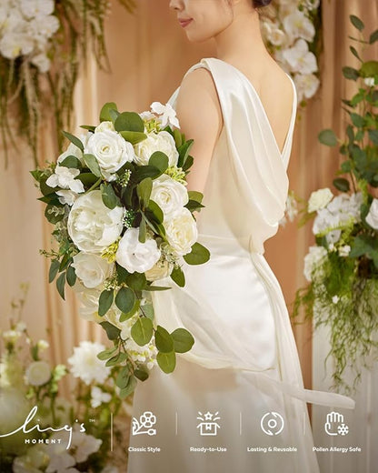 Ling's moment White Bridal Bouquet Cascading, White Wedding Bouquets for Bride, 13 Inch Ivory Bride Bouquets for Wedding Artificial Flowers Bouquets