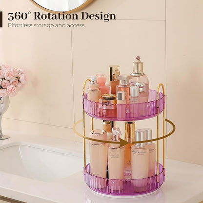 Aveniee Rotating Makeup Organizer for Vanity, Perfume Skincare Organizers Spinning, 2 Tier Bathroom Countertop Storage, Cosmetics Lipstick Holder for Counter Dresser,Purple