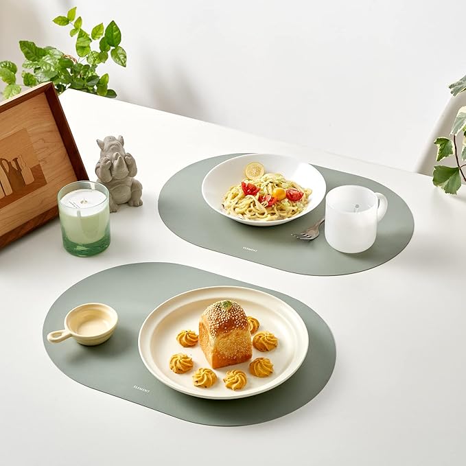 Mint Green Oval Silicone Placemats Set of 4 – Heat Resistant, Waterproof, Easy to Clean Non-Slip Modern Dining Table Mats – Premium Leather Textured Japandi Kitchen Decor