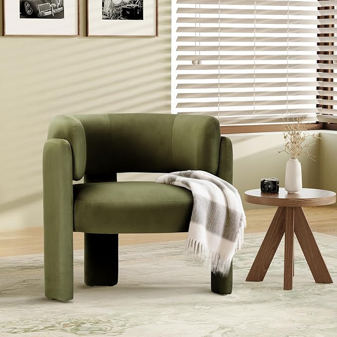 COLAMY Modern Velvet Accent Chair, Upholstered Barrel Chair, Comfy Side Arm Chair with 3 Legs for Living Room, Bedroom, Reading, Green