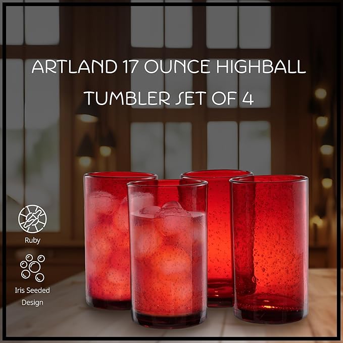 Artland 17oz Highball Tumbler, Set of 4 | Iris Seeded Design, Ruby Red | Drinking Glass for Parties and Everyday Use - Mojito, Whiskey, Cocktail | Glassware & Kitchenware Essentials