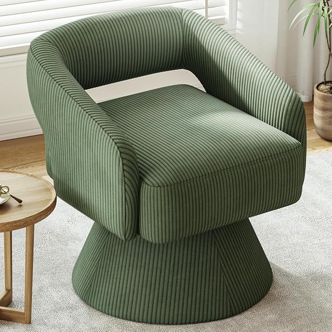 LINSY Swivel Barrel Chair, 360 Modern Swivel Accent Chair Boucle Swivel Chair Round, Green Corduroy Chairs with Arms, Small Barrel Chair for Small Spaces Bedroom Living Room