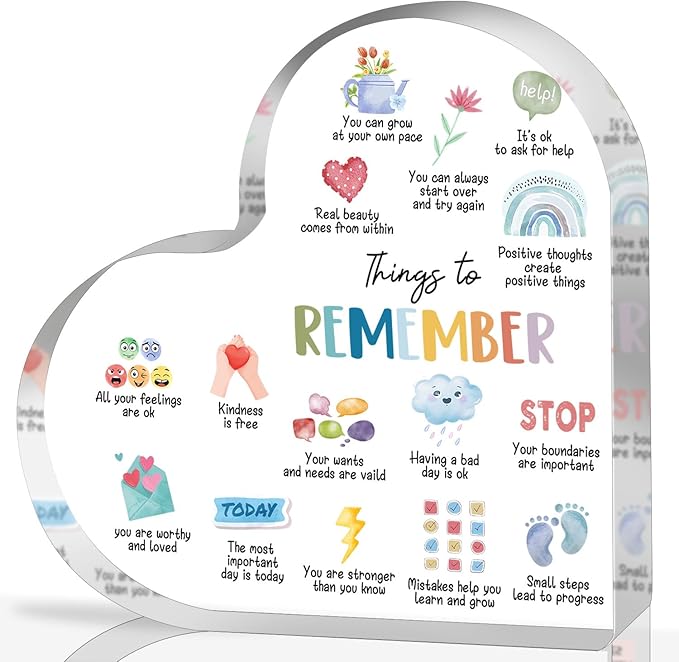 Mental Health Gifts, Things to Remember Therapy Anxiety Decor, Mental Health Decor, Mindfulness Sign for Therapy Office Acrylic Heart Gifts, School Counselor Sign, Psychology Therapy Gift