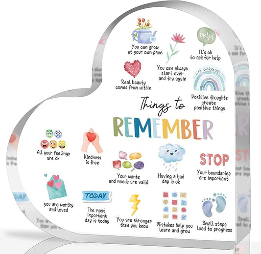 Mental Health Gifts, Things to Remember Therapy Anxiety Decor, Mental Health Decor, Mindfulness Sign for Therapy Office Acrylic Heart Gifts, School Counselor Sign, Psychology Therapy Gift