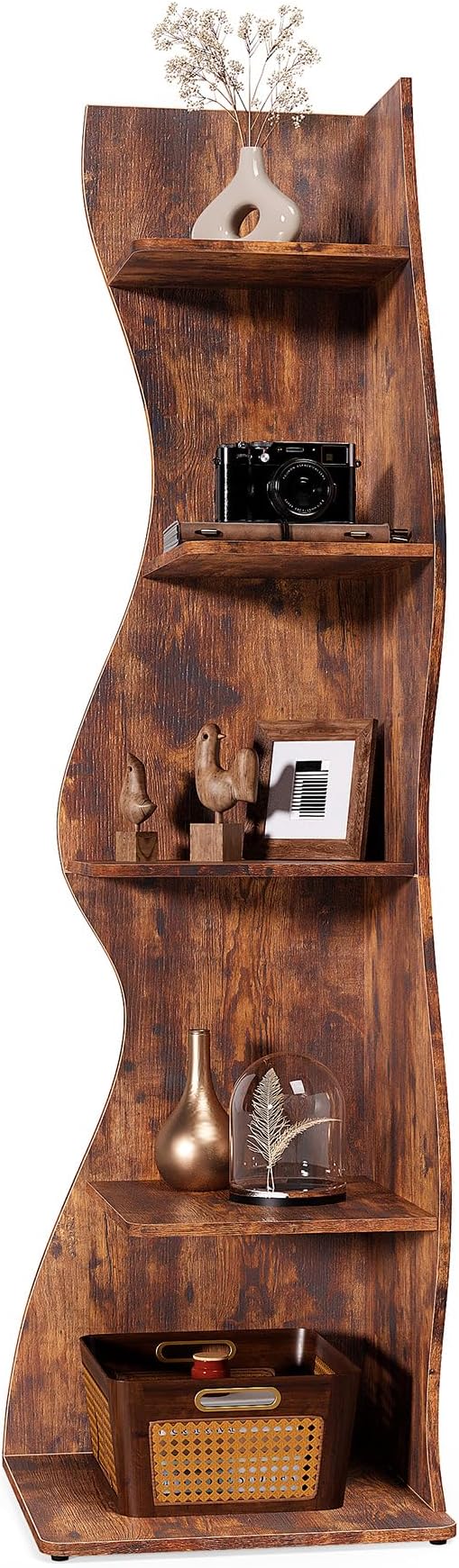 LITTLE TREE 70-Inch Corner Shelf, Seaweed Shaped Etagere Display Bookshelf, Freestanding 5-Tier Wall Shelves for Small Spaces, Living Room, Bedroom, Rustic, 1 Pack