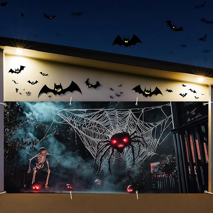 6 x 13 ft Halloween Garage Door Decorations Halloween decorations Witch Door Cover, Hanging Banner, Cauldron Backdrop Mural for Home, Outdoor, Indoor, Spooky Party, Wall, Window (Spider)