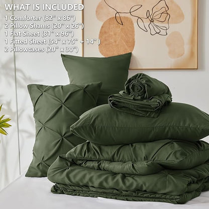 CozyLux Full Size Comforter Sets Olive Green, 7 Pieces Pintuck Bed in A Bag Green Comforter Full Size, Pinch Pleat Bedding Sets with All Season Comforter, Sheets, Pillowcases & Shams