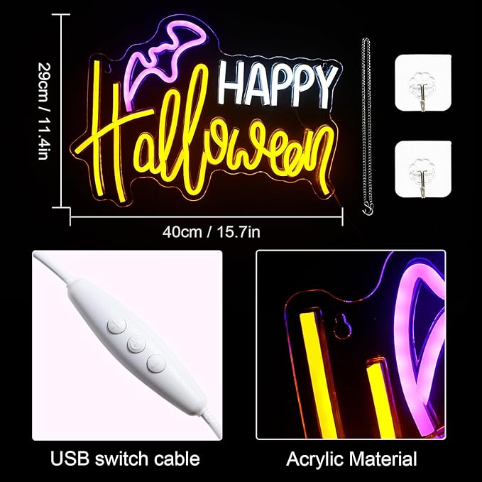LUCUNSTAR Happy Halloween Neon Sign,Neon Signs for Wall Decor,Dimming Light LED Acrylic Bat Shape Wall Light Signs Lights for Halloween Day Decor,Man Cave Bedroom,Party