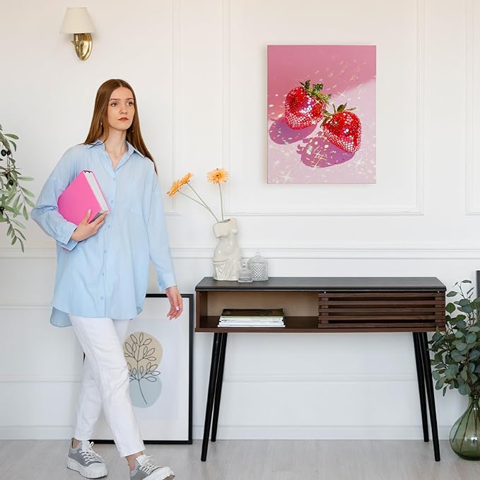 APJYM Funky Y2K Disco Ball Strawberry Wall Art, Trendy Retro 70s Preppy Pink Girly Strawberry Aesthetic Canvas Wall Art for Girls Room Bedroom Dorm Apartment Decor, 11x14 Inches Framed