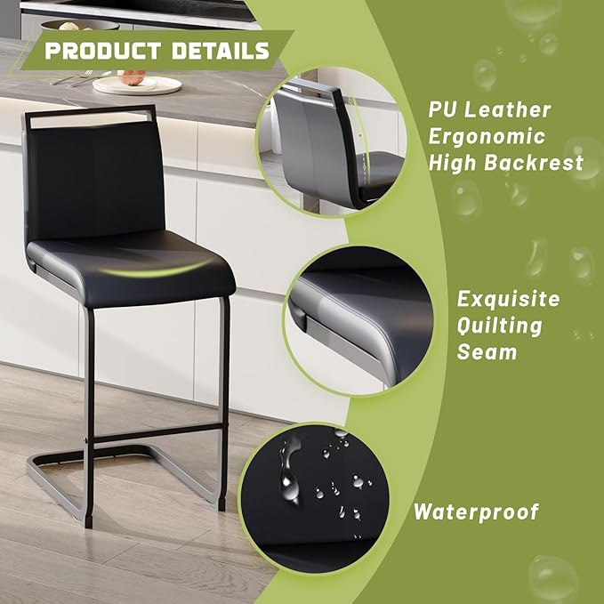 Bar Stools Set of 4,25" Counter Height Bar Stools with Footrest,Black Faux Leather Kitchen Stool with Black Painted Metal Leg,Counter Height Stool Ideal for Island Pub Kitchen Counter Dining Chair