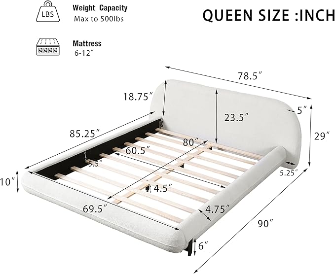 Queen Size Bed Frame, Upholstered Cloud Boucle Platform Beds Frames with Headboard, Anti-Collision Soft Rounded Corners Footboard, No Box Spring Required, Easy Assembly (29" H White, Queen)