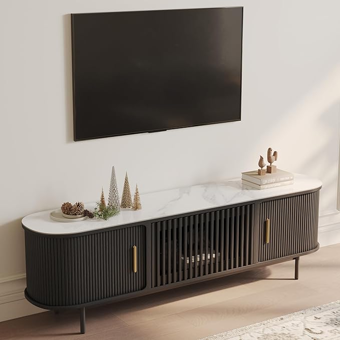 POVISON Sliding Tambour Door TV Stand, Mid Century Modern Sintered Stone TV Console, Wood Media Console for 70 Inch TV, Entertainment Center with Storage Cabinet, Fully-Assembled (Black, 70.87")