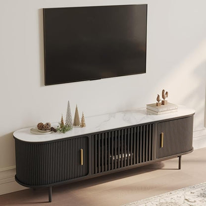 POVISON Sliding Tambour Door TV Stand, Mid Century Modern Sintered Stone TV Console, Wood Media Console for 70 Inch TV, Entertainment Center with Storage Cabinet, Fully-Assembled (Black, 70.87")