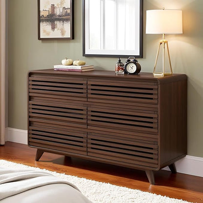 Walnut Dresser for Bedroom, Fluted 6 Drawers Dresser, Wide Chests of Drawers with Grille & Curved Design, Dressers Slides Pre-Installed, Large Wood Drawer Organizer for Bedroom Hallway