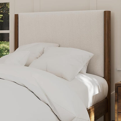 DG Casa Solid Wood Boucle Mid-Century Modern Twin Size Wooden Platform Bed Frame - Upholstered in Cream Boucle - Walnut Finish